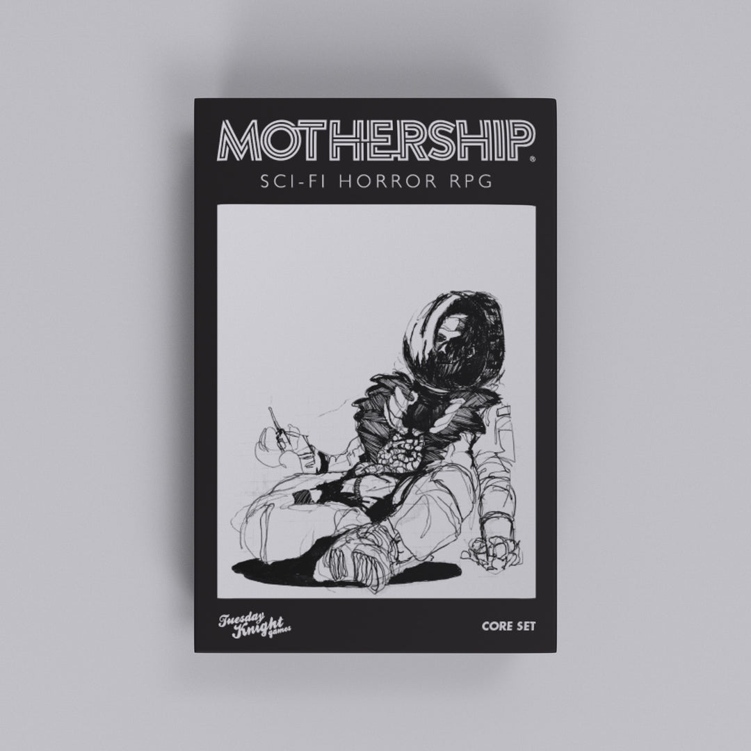 Mothership RPG Core Set box — complete first edition sci-fi horror tabletop RPG with rulebooks, module, and dice.