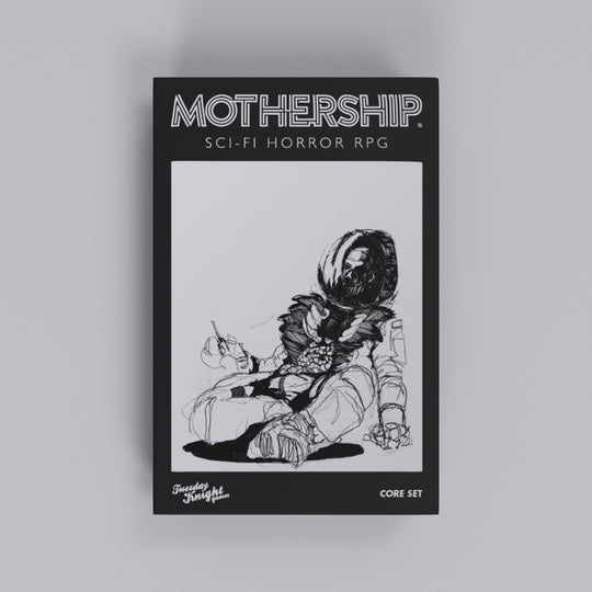 Mothership RPG Core Set box — complete first edition sci-fi horror tabletop RPG with rulebooks, module, and dice.